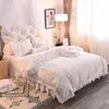 Luxury White Pink Purple Green Winter Thick Fleece Fabric Princess Bedding set Lace Jacquard Duvet Cover Bed skirt Pillowcases T200706