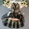 High Waist A-Line Long Sleeve Dress Runway Dresses Women Elegant Boho Vintage Spring Autumn Luxury Party lace embroidery