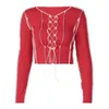 Fashion-Simenual Patchwork Lace Up Long Sleeve Crop Tops Women Ribbed Sexy Party Knitwear T-Shirt Hollow Out Bodycon Club Tie Front Top