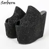 Sorbern Black Sequins Glitter Pump Women Mules Wedges High Heel Platform Peep Toe Summer Shoe For Ladies Slip On Platform Heels