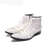 Men Luxury Fashion Ankle Boots Genuine Leather Prom Nightclub White Dress Shoes Pointed Oxford Men Party Rivets Boots