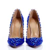 Lyxiga kvinnor Bling Seahorse Heel Diamond Singelklänning Skor Rhinestone Bröllopspumpar Silver Pläterade Högklackade Damer Full Royal Blue Crystal Borrade Klackar