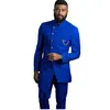 Arabic Dubai Royal Blue Men Suits Wedding Tuxedos Slim Fit with Mandarin Stand Collar Long Jacket Two Pieces Male Pants Suit Groom Formal Wear Prom Party Blazer