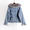 NIJIUDING Winter Casual Solide Echtpelz Kragen Denim Jacke Weibliche Lose Einreiher Plus Samt Verdickt Parkas Frauen 201214