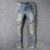 Jeans pour hommes Vintage Denim délavé frange motard pour Moto mode coupe ajustée droite Patchwork pantalon grand et haut pantalon227B
