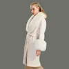 Yün Ceket Kadınlar Pied De Poule Doğal Fox Kürk Yaka Kaşmir Yün Karışımları Uzun Giyim Bayan Streetwear 201221