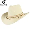 GEMVIE New Shell Paper Straw Hat Outback Hat For Women Men Western Cowboy Summer Panama Sun Beach Cap Y200714