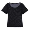 ANNJOLI 2 pezzi donna manica corta / manica lunga sesso Sheer Mesh Top streetwear sottile trasparente trasparente Crop T Shirt Clubwear nero bianco 201125