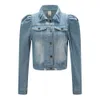 Printemps Nouveau Puff Sleeve Crop Denim Vestes Femmes Turn Down Col Boutons Effiloché Déchiré Trou Jean Manteau Poches Bomber Veste 201026