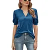 Realfine Summer T Shirts V-Neck Cotton Chiffon Shirts Puff Sleeve T-Shirts For Women Size S-XL