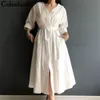 Colorfaith Neue Frauen Kleider Frühling Sommer Baumwolle und Leinen Elegante Plissee Lange Weiße Kleider V-ausschnitt Lace Up Bow LJ200808