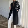 Autumn Winter Warm Women Wool Coat Fashion Plaid Spliced Slim Blends Outwear Female Arrival V Neck Office Long Coat 201215