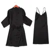 Frauen 2PCS Kimono Robe Kleid Anzug Sexy V-ausschnitt Backless Nachthemd Herbst Solide Nachthemd Rayon Nacht Kleid Mit Gürtel Bademantel1