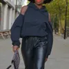 Moda Seksi Backless Kadınlar Hoodie Artı Boyutu Kazak Kapalı Omuz Tasarım Katı Siyah Hoodies Sarı Gevşek Cep Fermuar 201202