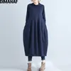 DIMANAF Women Long Dresses Turtleneck Cotton Ladies Elegant Vestidos Plus Size Female Clothes Pleated Loose 2021 Autumn Winter LJ201112