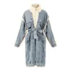 Mulheres Faux Faux Mulheres Casaco de Inverno Denim Costurado Costurado Cabelo Espessado Loxo Casaco Longo Irregular Lace Up Overcoat