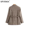 Vintage Stylish Office Wear Plaid Blazer Coat Kobiet 2020 Modny długi rękaw z paskiem żeńska odzież wierzchnia eleganckie topy LJ200911