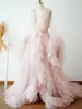 Long Sleeves Pink Prom Dresses 2021 V-Neck Sheer Tulle Ruffles African Pregnant Women Cape Maternity Robe Formal Evening Gowns