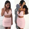 Carino rosa soffice pelliccia sintetica due pezzi set donne sexy crop top aderente mini gonne party night club 2 pezzi abiti coordinati T200702