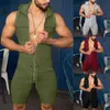 Men Casual Solid Color Sleeveless Jumpsuit Pockets Short Pants Hooded Romper H1223