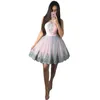 Above Knee Mini Homecoming Dresses Pink Satin Puff Tulle Skirt A-Line Graduation Dreses Lace Appliques Short Prom Gowns