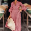 Fashion Maxi платье 2020 повседневная свободная партия халат Vonda элегантное платье повседневные мешковатые платья сексуальные V шеи полосатый сарафль Femme 5XL Y0118