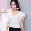 2019 vrouwen korte mouw lace up blouse top dot print v-hals shirts ruches chiffon blouse H1230