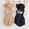 Infant Baby Girls Boys Bodysuits Plaid Print Sleeveless Autumn Casual Toddler Jumpsuits With Hat Kids Overalls Outfits 201216