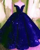 Royal Blue Cekinowa suknia kulkowa Quinceanera Suknie Sexy V Neck Glitter Cekiny Prom Dress Puffy Tulle Party Vestidos de Quinceañera