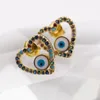 Högkvalitativ guldpläterad mässing Evil Eye Hoop Earring Multi Color Micro Pave Heart Stud Post Örhängen