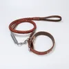 Cowhide Dog Collar + Traction Rope Durable Strong Exquisite Eight-Strand Elastic Adjustable Cowhide Collar S M L