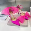 Designer Brands Satin stiletto Sandals Mesh Bow Pumps Women High Heels Ankle Strap Dress Shoes Elegant Wedding superior quality heeled Ladies Sandal with box