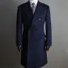 Navy Blue Woolen Mens Long Coat Jacket Winter Groom Double Breasted Wedding Tailored Party Prom Business Blazer Only One Piece2125