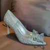 Chaussures à escarpins au design de luxe pour femmes, printemps et été, talon fin, bout pointu, chaussures habillées en cristal pour dames, talons hauts, fête, mariage, rouge, argent, 34-41