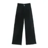Jeans feminino com cintura alta, zíper sólido, elegante, perna larga, preta, calça jeans LJ201030
