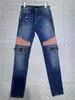 Autunno Mens Jeans 22SS Designer Strappato Striscia Gialla Vintage Zipper Style Moda Uomo Denim Pnats Slim Motociclista Causale Mens Pantaloni Hip Hop W40