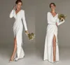 Simple Mermaid White Slit Wedding Dress For Woman With Long Sleeves Civil Bridal Party Gown Slim V Neck Elegant Robe De Mariage 20283a