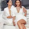 Femmes blanc col en V profond Blazer robe manches bouffantes dos nu moulante robe d'hiver élégante robes de fête de noël robes Y01182626