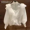 TWOTWINSTYLE Casual Patchwork Ruffle Shirt Female Turtleneck Lantern Long Sleeve Loose Blouse For Women Fashion Clothes New 201201