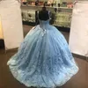 2022 Ball Suknia Quinceanera Dress Blue Spaghetti Paski Kwiat Koronki Długie Słodkie 15 16 Urodziny Suknia