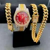 Armbanduhren Voll Iced Out Uhren Männer Gold Cuban Link Ketten Armband Halskette Chokers Club Bling Modeschmuck für Uhrenset