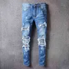 Hip-hop High Street Brand Jeans Retro Torn Fold Stitching Mäns Designer Motorcykel Ridning Zipper Ripped Biker Jean Byxor