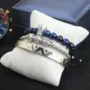 Conjunto de 3 uds de moda, pulsera Bangel con corona, pulsera trenzada de leopardo para hombres y mujeres, brazaletes de acero inoxidable, joyería azul Cz299d