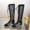 Vendita calda-Moda da donna Open Toe Stivali alti al ginocchio in pelle nera con design a cerniera Tacco alto rimovibile