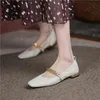 Women's Leather Mary Janes Women's Shoes Round Head Flat with Chain Casual Cow Beige 2 9