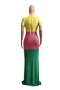Fashion Short Sleeve Contrast Color Blocking Dress Lady Casual Elegant Dresses Summer Casual Long Dress