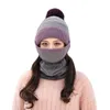 Femmes hiver 3pcs Contraste Couleur Couleur Tricot chaud Pompon Beanie Chapeau Set de masque de visage Foulard