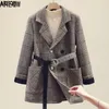 Fall Clothes for Women Tweed Jacket Wool Blends Brown Coat Women Korean Coats with Belt Slim Fashion LJ201106