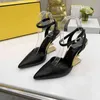 مثيرة مصمم Slingback Dress Shoes فاخرة نص إصبع القدم المعدنية F High High Heels مضخات الزفاف مضخات الكاحل مع صندوق EU42