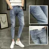 Wholesale Denim Jeans men's slim feet Casual pants trend Korean wild pants scratched holes ankle length beggar jeans 201128